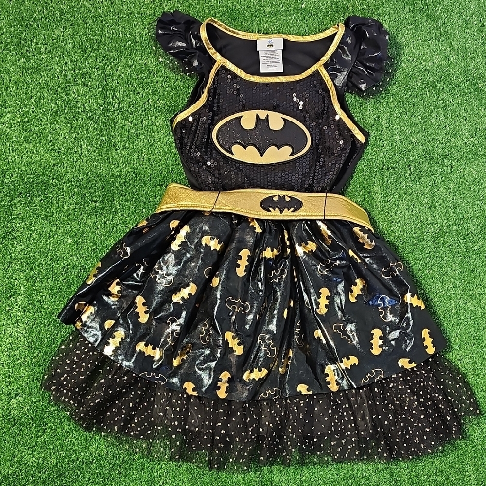 Girls Medium Batgirl Black & Gold Sequin Mesh Tutu Dress Costume Preowned - Picture 1 of 8